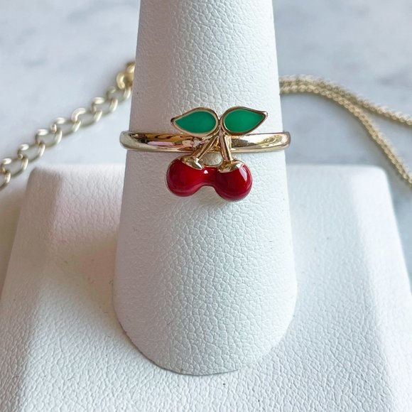 Cherries Necklace and Ring with Coordinating Post Earrings, 3-Piece Set - Picture 3 of 7
